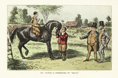 Dos caballeros ingleses evaluando un caballo en un potrero