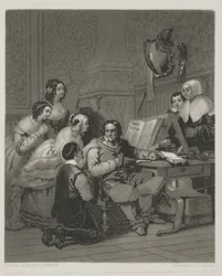 La familia de Cromwell intercediendo por la vida de Carlos I, grabado por Alfred Johannot