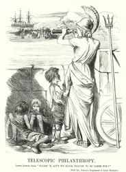Caricatura de Punch: Filantropía telescópica - la preocupación de la clase media victoriana por la ayuda a los pobres en el extranjero en lugar de en casa