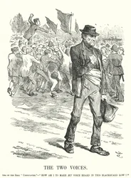 Caricatura de Punch: Las dos voces - desempleo y malestar social en la Gran Bretaña victoriana (grabado)
