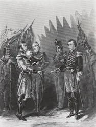 Rendición del general estadounidense William Hull a las tropas británicas y guerreros nativos americanos en Detroit, 15 de julio