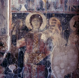 Ángel, fresco en la iglesia bizantina de Agios Nikolaos, Maza, Creta, Grecia