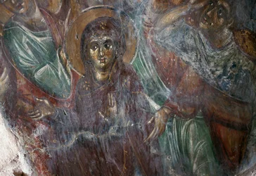 Fresco de santo en la iglesia bizantina de Ayios Stephanos, Drakona, Creta, Grecia