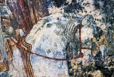 Caballo, fresco dañado en el techo de la iglesia de Agios Vasileios, Vavouledo, Creta, Grecia