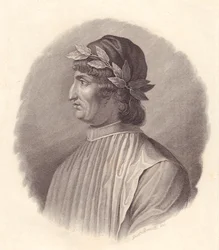 Retrato del poeta y humanista italiano Angelo Ambrogini también conocido como Poliziano (1454-1494), grabado en cobre por G Bonatti