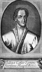 Retrato de Lucilio Vanini, conocido como Giulio Cesare Vanini (1585-1619), filósofo, médico y librepensador italiano que fue uno de los primeros representantes significativos del libertinismo intelectual, grabado