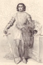 Retrato de Felipe de Artois, Conde de Eu (1358-1397), grabado, 20x13 cm, de la Galerie Historique de Versailles, Histoire de France, Charles Gavard Editor, París, circa 1840