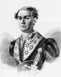 Retrato de Vasily Andreevich Karatygin (1802-1853), actor ruso, grabado de Russkaya Talia, antología de Faddey Venediktovich Bulgarin, publicada en 1825