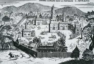 Los cosacos liderados por Stepán Razin atacando la fortaleza de Astracán en 1670, Rusia
