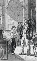 El Delfín Luis Carlos y su cuidador Antoine Simon en la prisión del Temple, grabado de Philippoteaux y Girardet, Revolución Francesa, Francia