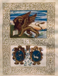 El león alado de Venecia y los escudos de armas de Leffe y Gandino, miniatura del Privilegio della Serenissima alla Val Gandino, 18 de junio