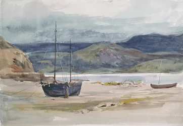 Escena costera montañosa con barcos, siglo XIX
