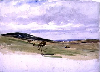 Paisaje con molino de viento y pueblo, siglo XIX
