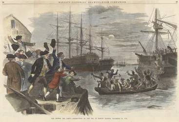 La fiesta del té de Boston - Destrucción del té en el puerto de Boston, 16 de diciembre de 1773, de Ballous Pictorial Drawing-Room Companion, pub. 1865