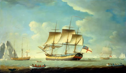 Un ballenero y otros barcos en una brisa ligera, c.1790 (óleo sobre lienzo)