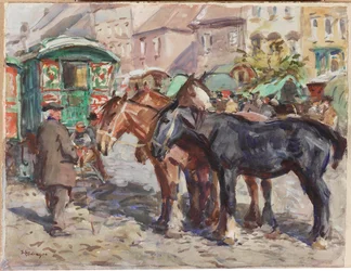 Caballo Negro con Casas al Fondo