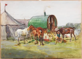 Tres caballos y una caravana con techo verde