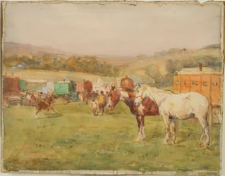 Dos caballos y una caravana de circo