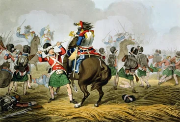 Coraceros Franceses en la Batalla de Waterloo, Cargados y Derrotados por los Highlanders y Scots Greys, grabado por Matthew Dubourg de 