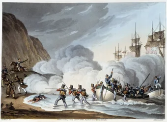 Desembarco de tropas, principios del siglo XIX en "Historical, Military and Naval Anecdotes..." de Edward Orne
