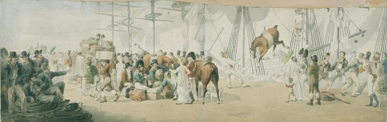 El embarque de tropas y caballos en Margate (Inglaterra), hacia 1800. Acuarela (17,8x54 cm) de John Augustus Atkinson (1775-1833), principios del siglo XIX.