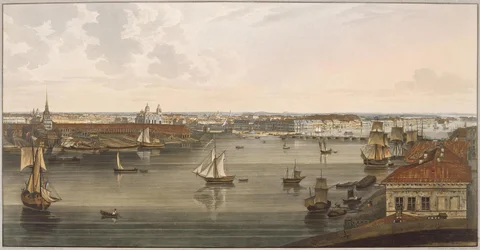 Vista a la Almirantazgo, antigua Catedral de San Isaac, embarcadero inglés y Academia de Ciencias desde Vas