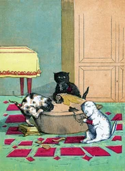 Tres gatitos pequeños con mitones comiendo un pastel, Ilustración de "Tres gatitos pequeños" 1859
