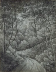 Paisaje con un camino a través de un bosque y un templo clásico