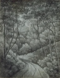 Paisaje con un camino a través de un bosque y un templo clásico, finales del siglo XVIII