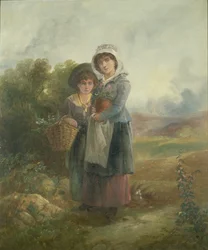 Dos chicas del campo llevando flores