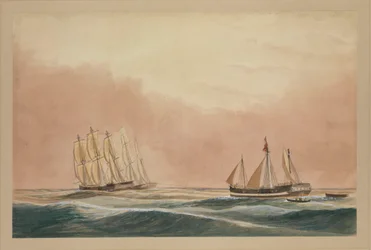 El "Futty Satam" remolcado a Mauricio por la barca "Otter" y el barco "City of Poona" 1851, c.1851 (acuarela)