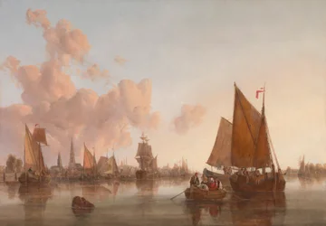 Veleros y barcazas en un estuario holandés
