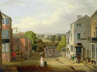 Escena callejera en Chorley, Lancashire, con vista de Chorley Hall, c.1790-1817