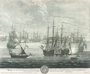 Vista de Bombay (India), dedicada al director de la Compañía Británica de las Indias Orientales. Grabado de John Bowles ()