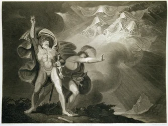 Macbeth, Banquo y las Tres Brujas en el páramo en el Acto I, Escena III de Macbeth de William Shakespeare (1564-1616) publicado en 1805
