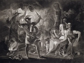 Macbeth, las tres brujas y Hécate en el acto IV, escena I de «Macbeth» de William Shakespeare (1564-1616), publicado en 1805