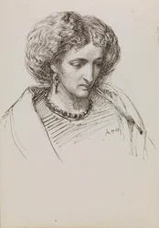 Retrato de cabeza y hombros de mujer con los ojos bajos