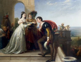 "Rosalinde et Orlando" Personajes de la pieza teatral "Comme il vous plaira" de William Shakespeare. (Rosalinda y Orlando, de la obra teatral "Como gustéis" de Shakespeare) Peinture de John Bridges (1818-1854) Collection privee