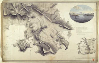 Plano de los alrededores de English Harbour y Monks Hill en la isla de Antigua levantado y dibujado por John Brown, agrimensor y delineante del ejército en las Indias Occidentales