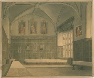 Cambridgeshire - Salón en [?Jesus] College - Vista interior, 1818
