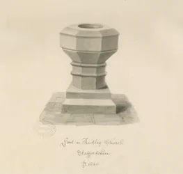 Pila bautismal en la Iglesia de Audley: dibujo en sepia, 1840