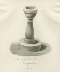 Pila bautismal en la Iglesia de Cauldon: dibujo en sepia