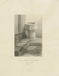 Pila bautismal en la iglesia de Clifton Campville: dibujo en sepia