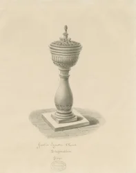 Pila bautismal en la iglesia de Ingestre: dibujo en sepia