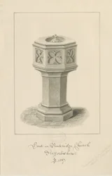 Pila bautismal en la Iglesia de Penkridge: dibujo en sepia