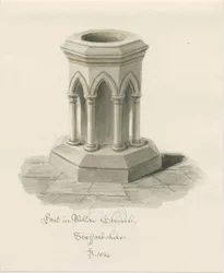 Pila bautismal en la Iglesia de Walton-on-the-Hill: dibujo en sepia