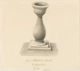 Pila bautismal en la Iglesia de Wolstanton: dibujo en sepia
