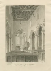 Interior de la iglesia de Checkley: dibujo en sepia