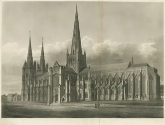 Catedral de Lichfield - Vista Sureste: grabado en aguatinta