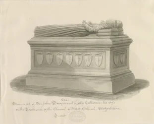 Iglesia de Maer - Monumento a Sir John Bowyer y Lady Catherine: dibujo en sepia, 1843